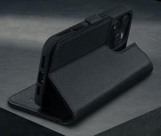 Stand function of the Black Leather Case for iPhone 16 Pro
