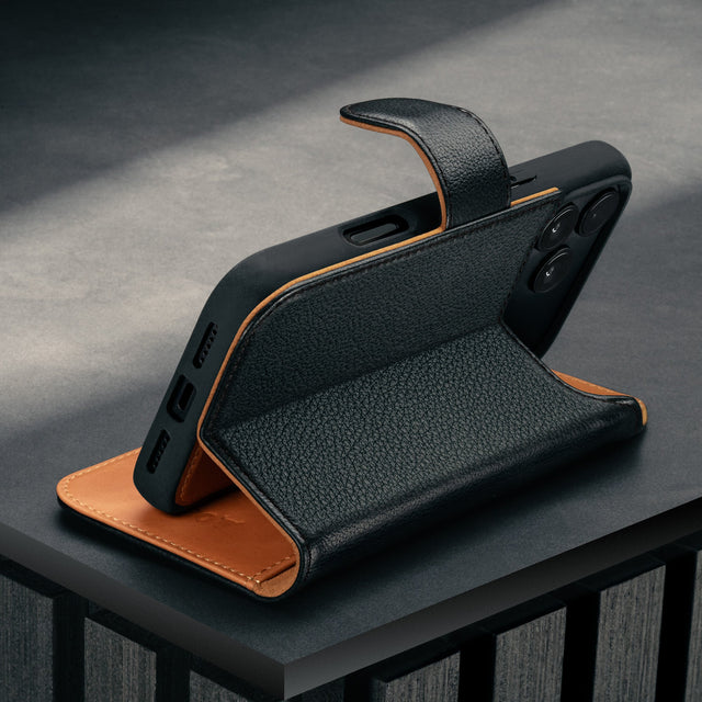 Stand function of the Black Leather Detachable Case for iPhone 17 Pro Max