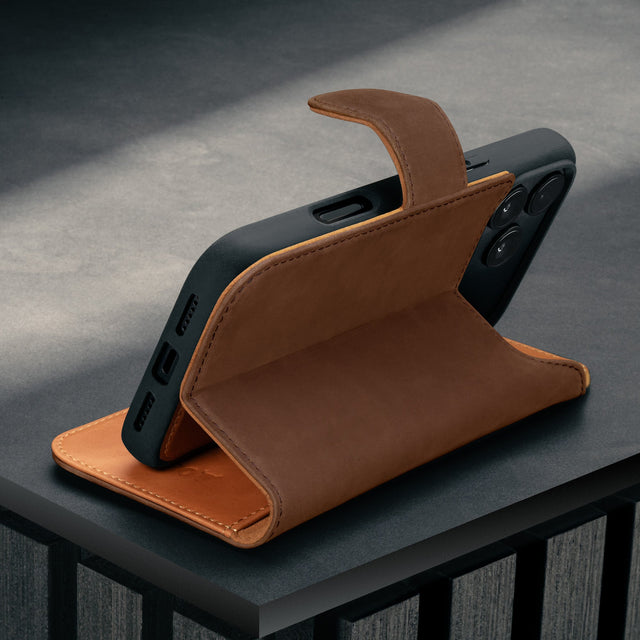 Stand function of the Nubuck Dark Brown Detachable Case for iPhone 17 Pro Max