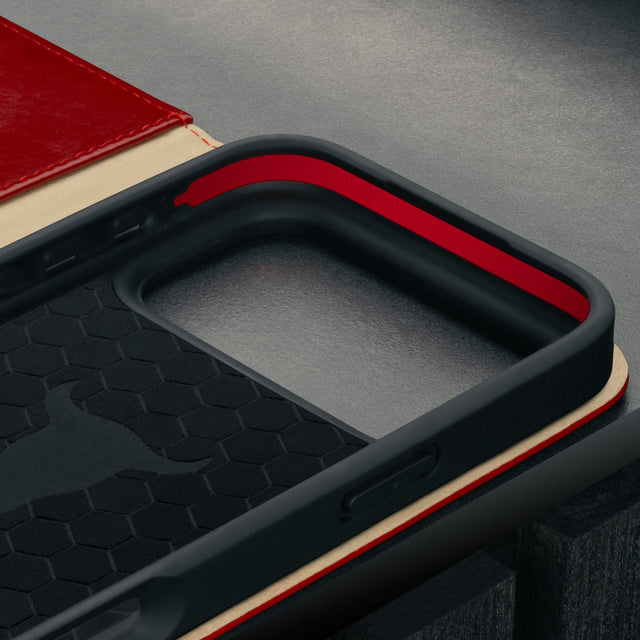 Microfibre lined frame in the Red Leather Case for iPhone 17 Pro Max