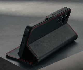 Stand function of the Black with Red Detail Leather Case for Galaxy A36