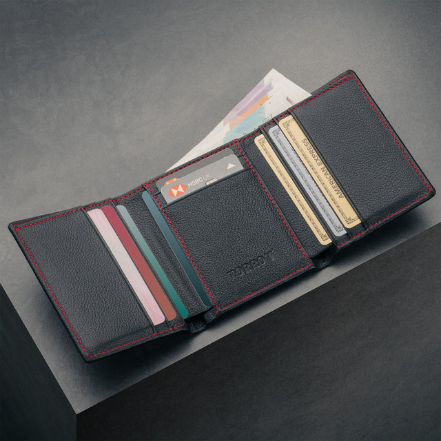 Card slots inside the Black with Red Stitching Trifold Leather Wallet