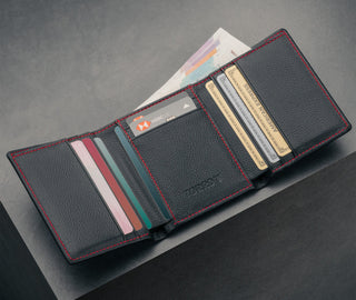 Card slots inside the Black with Red Stitching Trifold Leather Wallet