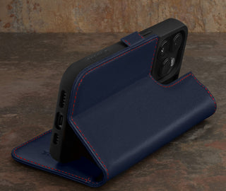 Integrated stand function of the Navy Blue Leather Wallet Case for iPhone 15 Pro