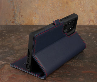 Stand function of the Navy Blue Leather Case for Galaxy S23 Ultra