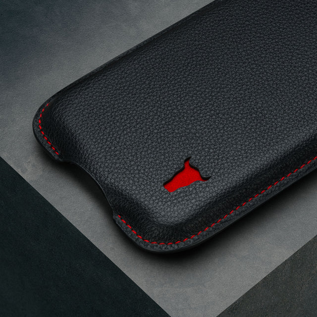 Black with Red Detail Leather Pouch Case for iPhone 6.7