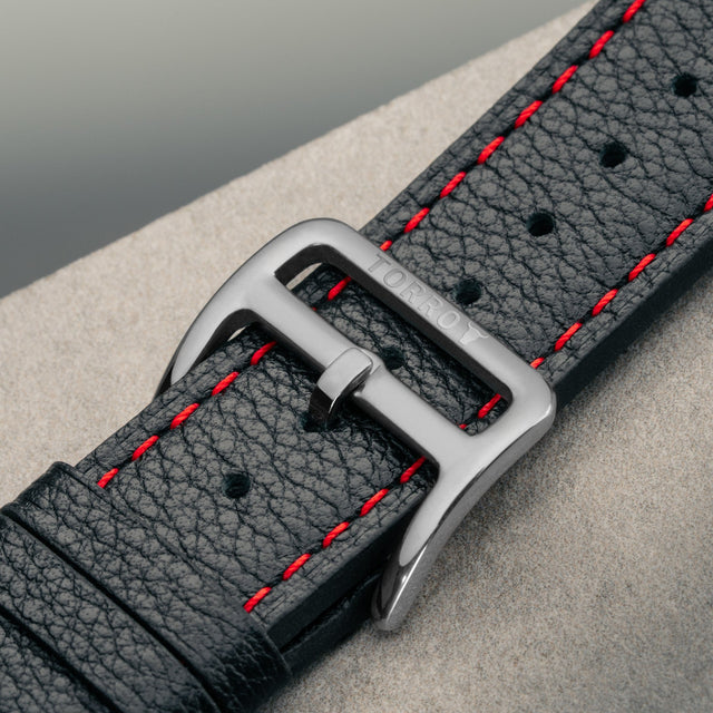 TORRO branded metal buckle on the Black with Red stitching Leather Apple Watch Strap