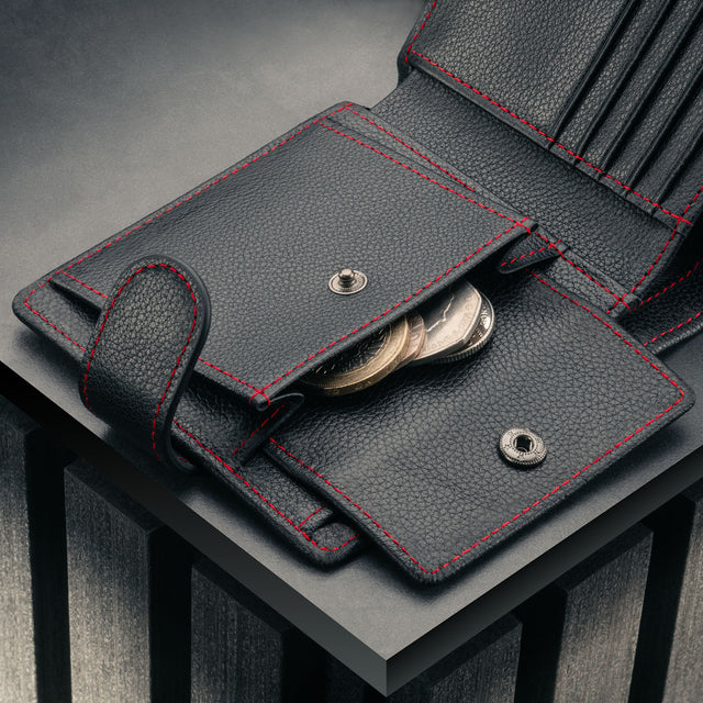 Coin pocket inside the Black with Red Detail Leather Wallet with Coin Pocket
