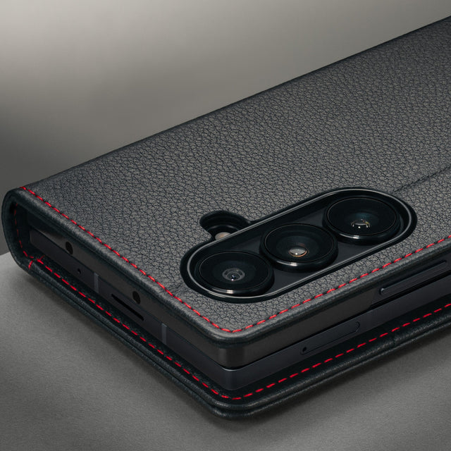 Camera cutout on the Black with Red Detail Leather Case for Samsung Galaxy Z Fold8 Ultra