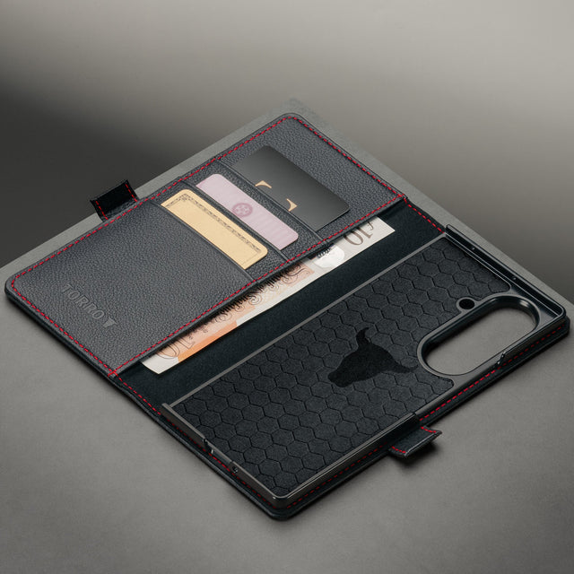 Card slots inside the Black with Red Detail Leather Case for Samsung Galaxy Z Fold8 Ultra