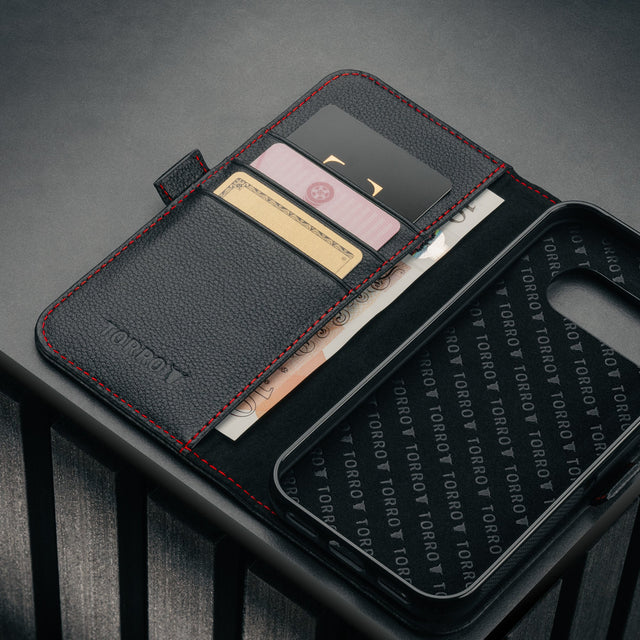 Card slots inside the Black with Red Detail Leather Case for Google Pixel 10a