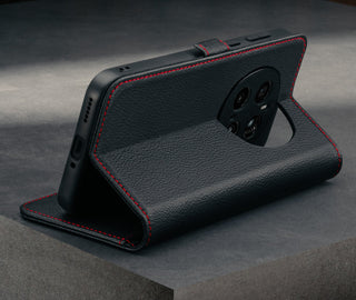 Stand function of the Black with Red Detail Leather Case for Honor Magic 7 Pro