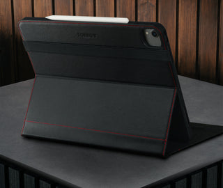 Built-in viewing stand of the Black with Red Detail Leather Case for Apple iPad Air 13" (2024)