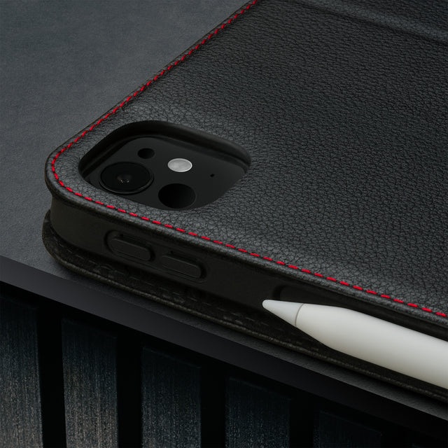 Built-in stand function of the Black with Red Detail Leather Case for Apple iPad Pro 11