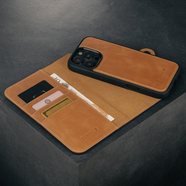 Card slots and detachable cover of the Dark Brown Nubuck Leather Case (with detachable cover) for iPhone 15 Pro Max