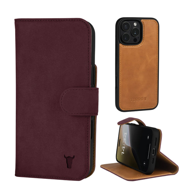 Maroon Nubuck Leather Case (with detachable cover) for iPhone 16 Pro Max