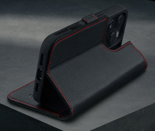 Stand function of the Black Leather with Red Detail Leather Case for iPhone 16 Pro Max