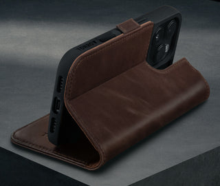 Stand function of the Dark Brown Leather Case for iPhone 16 Pro Max