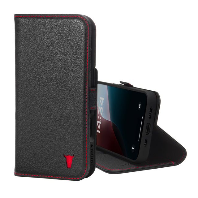 Black Leather with Red Detail Leather Case for iPhone 16 Pro