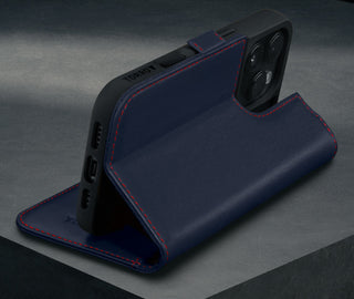 Stand function of the Navy Blue Leather Case for iPhone 16 Pro