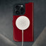 MagSafe charger connected to the Red Leather Case for iPhone 16 Pro