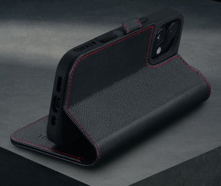 Stand function of the Black with Red Detail Leather Case for iPhone 16