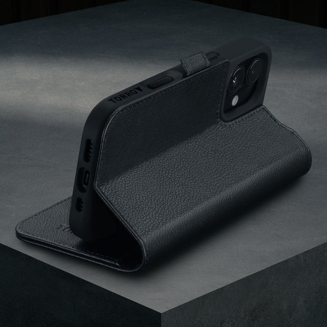 Stand function of the Black Leather Case for iPhone 16
