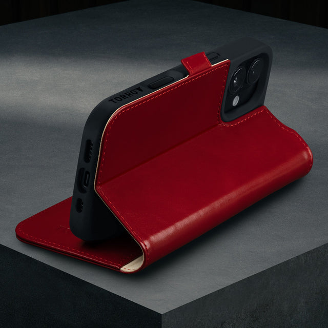 Stand function of the Red Leather Case for iPhone 16