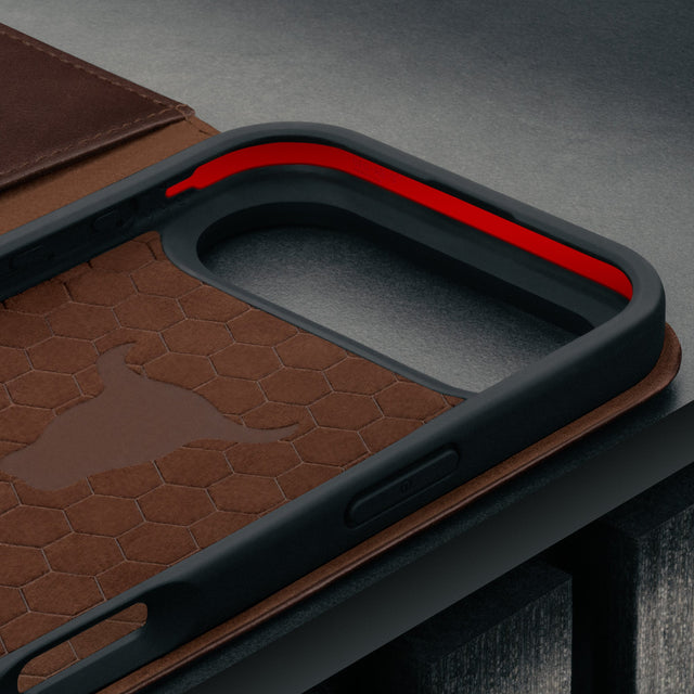 Microfibre lined frame of the Dark Brown Leather Case for iPhone 17 Air