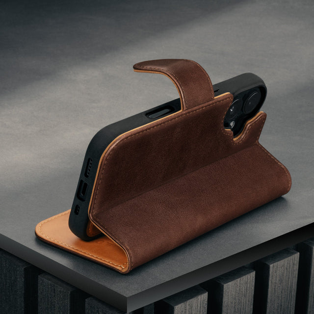 Stand function on the Dark Brown Leather Detachable Case for iPhone 17