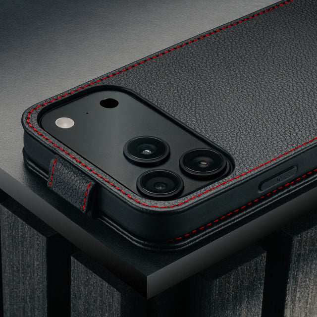 Camera cutout on the Black with Red Stitching Leather Flip Case for iPhone 17 Pro