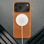 MagSafe charger attached to the Slimline Light Brown / Tan Leather Bumper Case for iPhone 17 Pro Max
