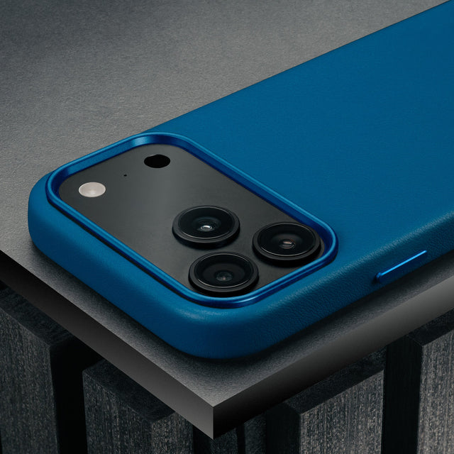 Camera cutout on the Slimline Cobalt Blue Leather Bumper Case for iPhone 17 Pro Max