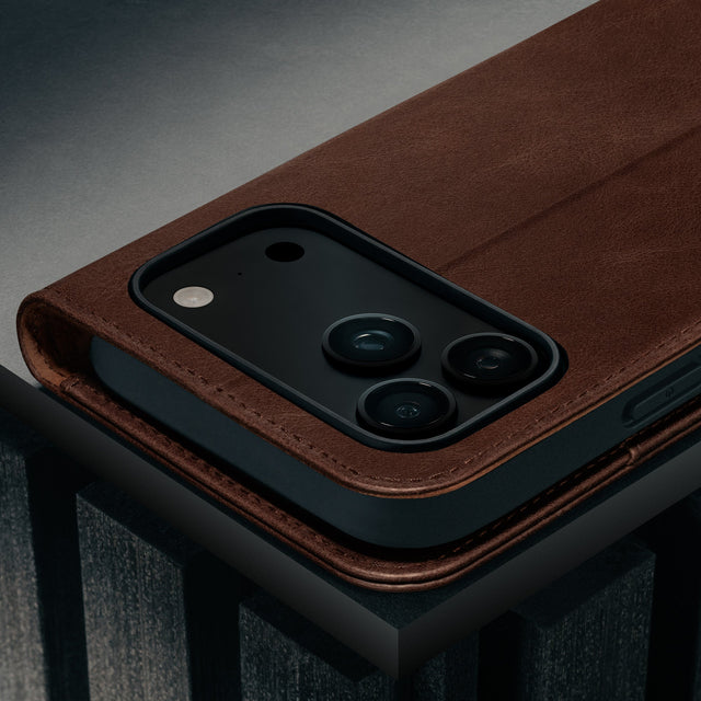 Camera cutout on the Dark Brown Leather Case for iPhone 17 Pro Max
