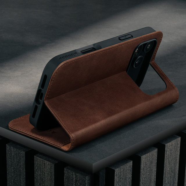 Stand function of the Dark Brown Leather Case for iPhone 17 Pro Max