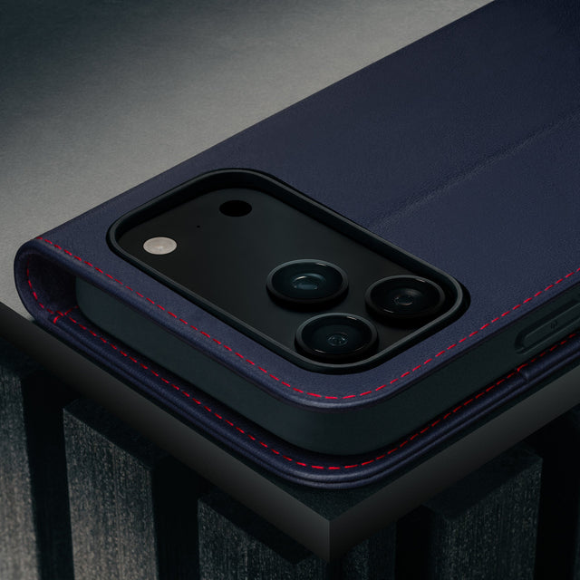 Camera cutout on the Navy Blue Leather Case (with Red Stitching) for iPhone 17 Pro Max
