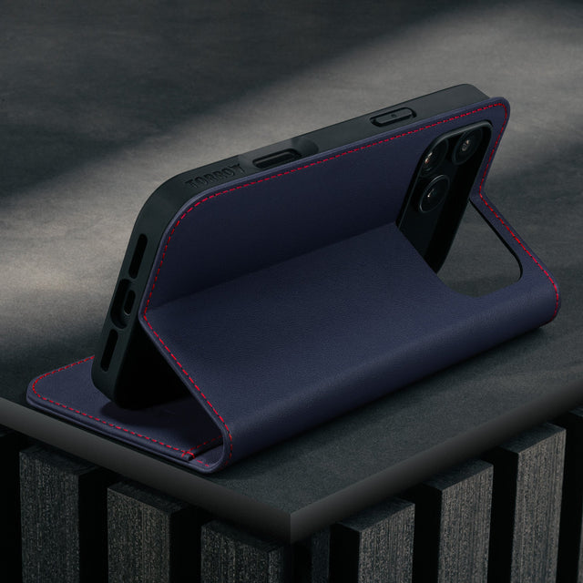 Stand function of the Navy Blue Leather Case (with Red Stitching) for iPhone 17 Pro Max