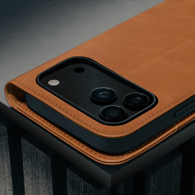 Camera cutout on the Tan Leather Case for iPhone 17 Pro Max