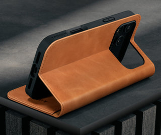 Stand function of the Tan Leather Case for iPhone 17 Pro Max