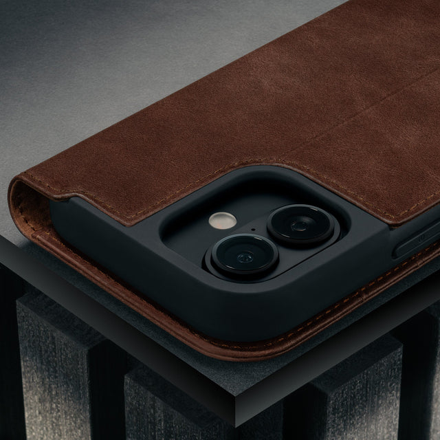 Camera cutout on the Dark Brown Leather Case for iPhone 17