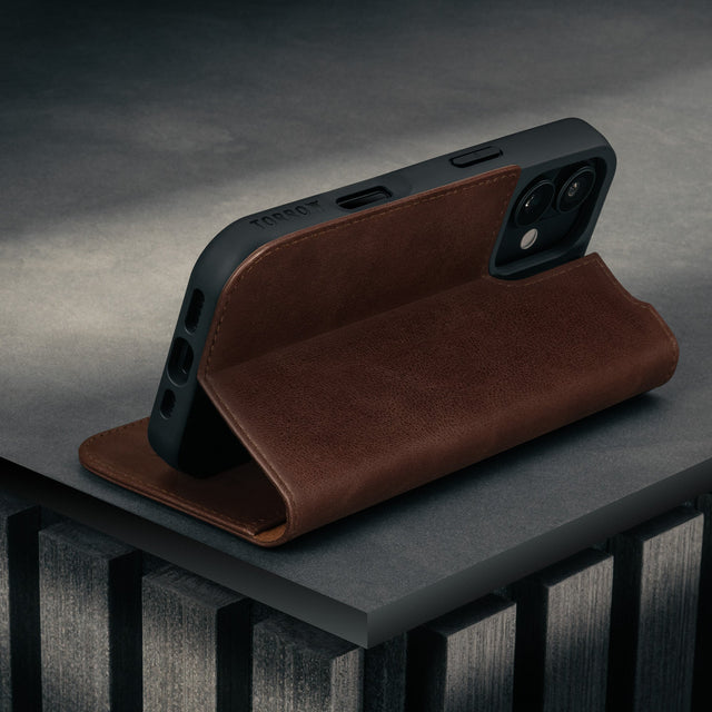 Stand function of the Dark Brown Leather Case for iPhone 17