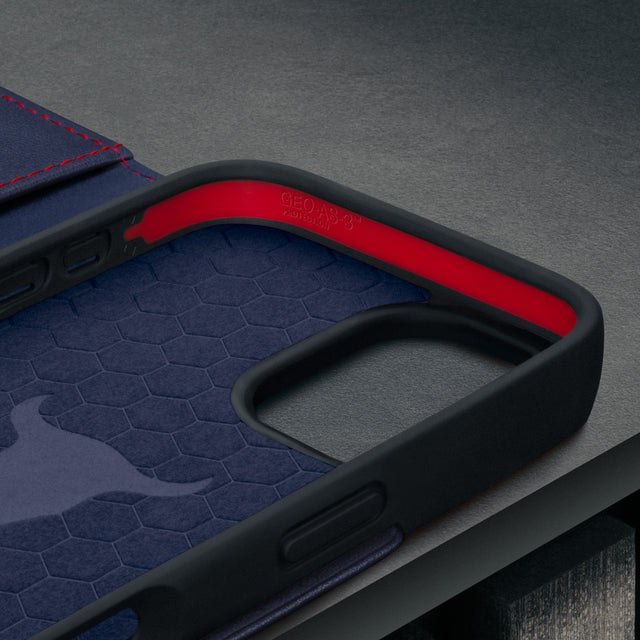 Microfibre lined frame of the Navy Blue Leather Case for iPhone 17