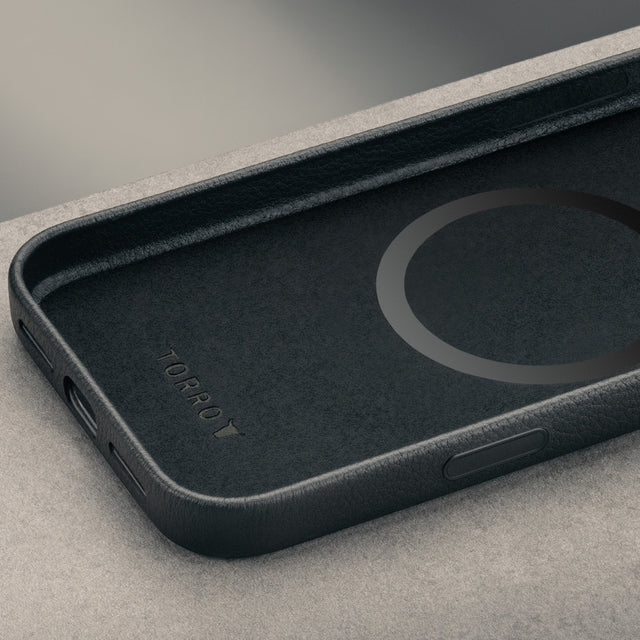 Microfibre lined frame of the Black Leather Bumper Case (with Camera Stand) for iPhone 18 Pro / 17 Pro