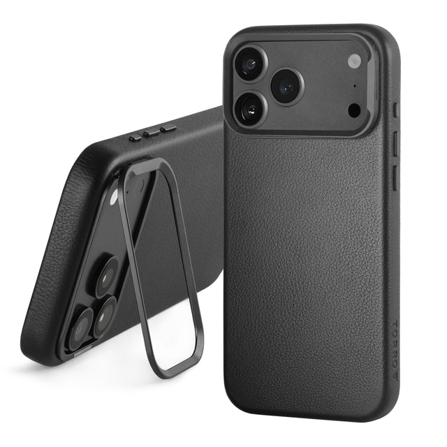 Black Leather Bumper Case (with Camera Stand) for iPhone 18 / 17 Pro Max