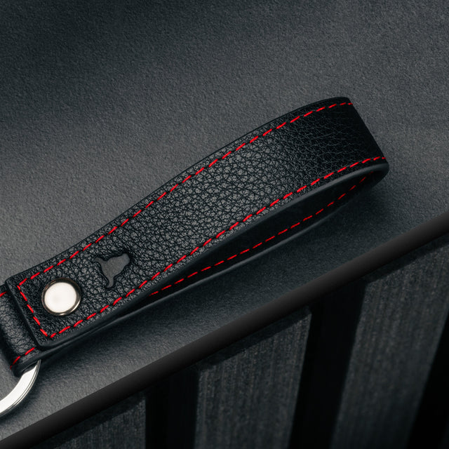 Contextual Front of Black Leather (with red stitching) keyring