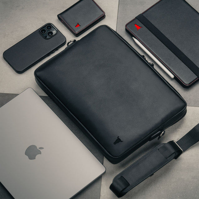 Black Leather Messenger Bag suitable for Laptop / iPad / Tablet