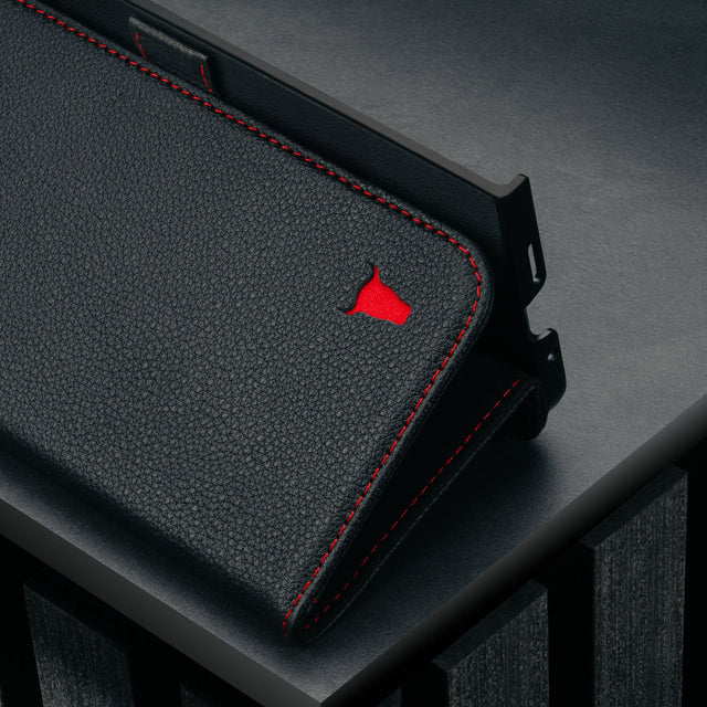 Magnetic clasp on the Black with Red Detail Leather Case for Google Pixel 10 Pro Fold