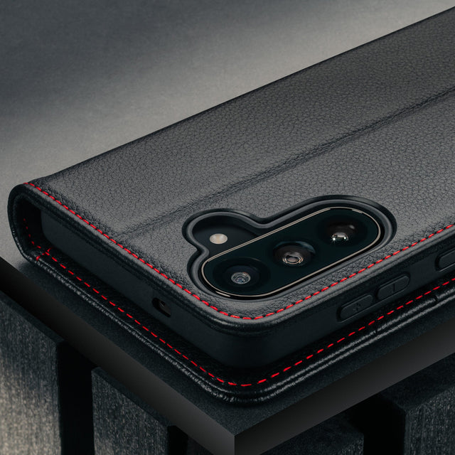 Camera cutout on the Black with Red Detail Leather Case for Galaxy A57