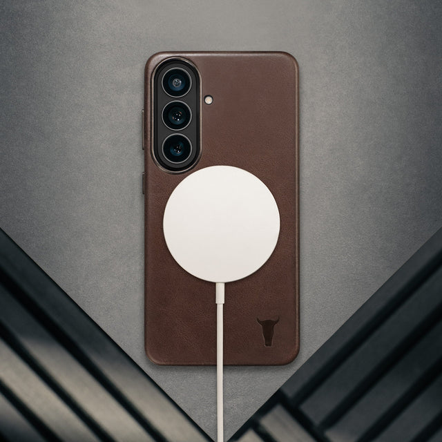 Wireless charger attached to the Dark Brown Leather Bumper Case for Galaxy S26