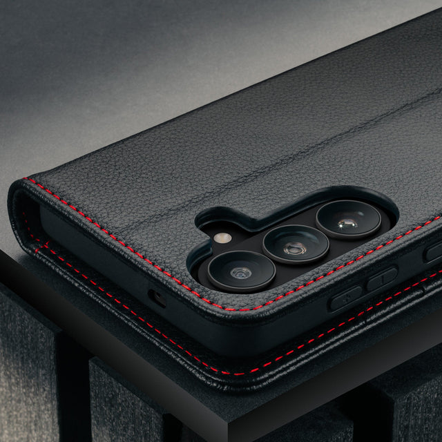Camera cutout on the Black with Red Detail Leather Stand Case for Galaxy S26